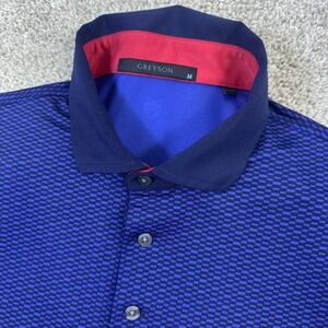 Greyson Mens Blue Geometric Print Performance Golf Polo Shirt Size Medium M